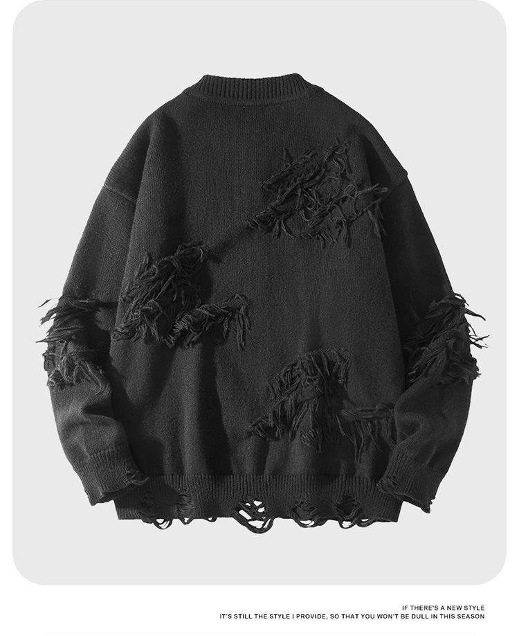 Men's Distressed Knit Sweater Oversized Round Neck Pullover Top_voghion.com
