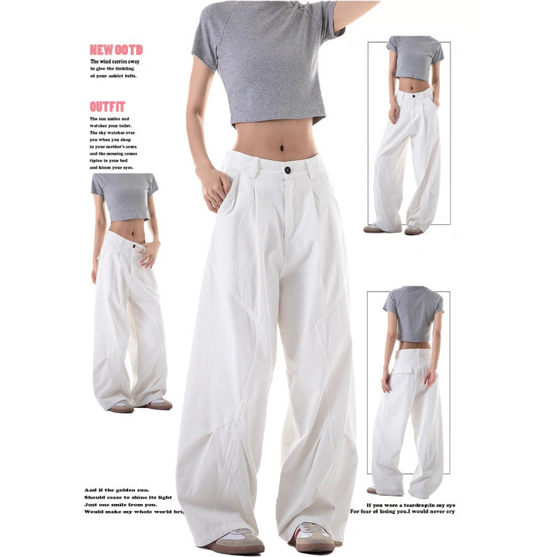 American High Street Deconstructed Design Straight Jeans for Women 2025 Spring New High Waist Wide Leg Pleated Cargo Pants