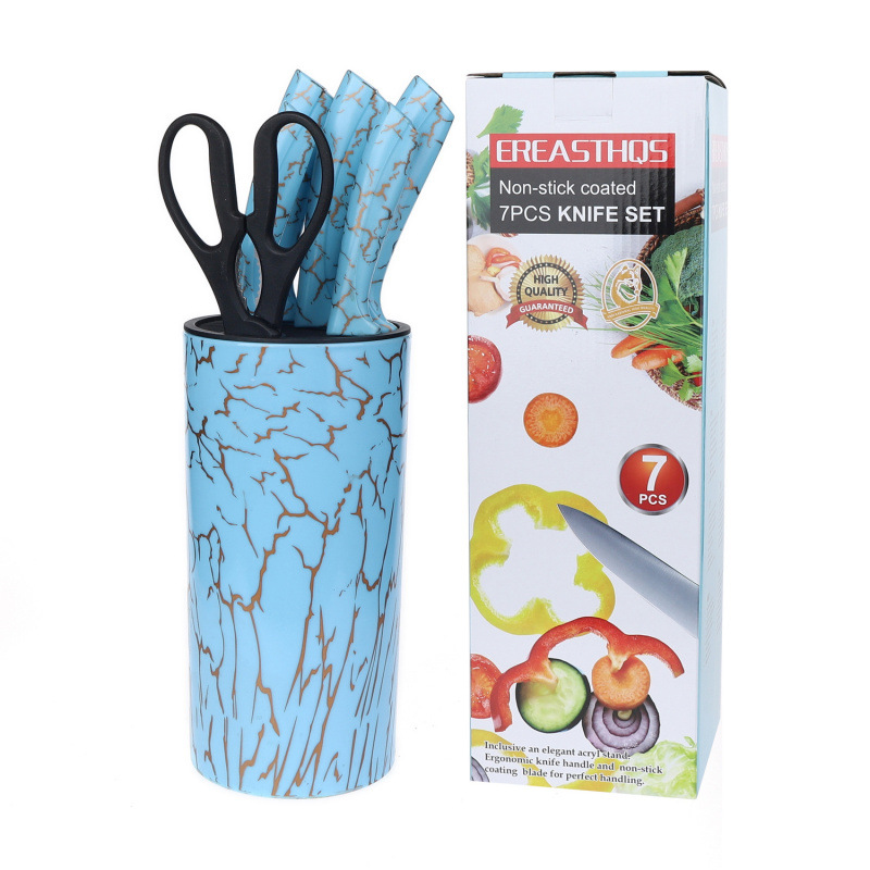 Cuchillo de cocina de punto transfronterizo de siete piezas con base de barril de mármol Cuchillo antiadherente corrugado Ventas directas de fábrica