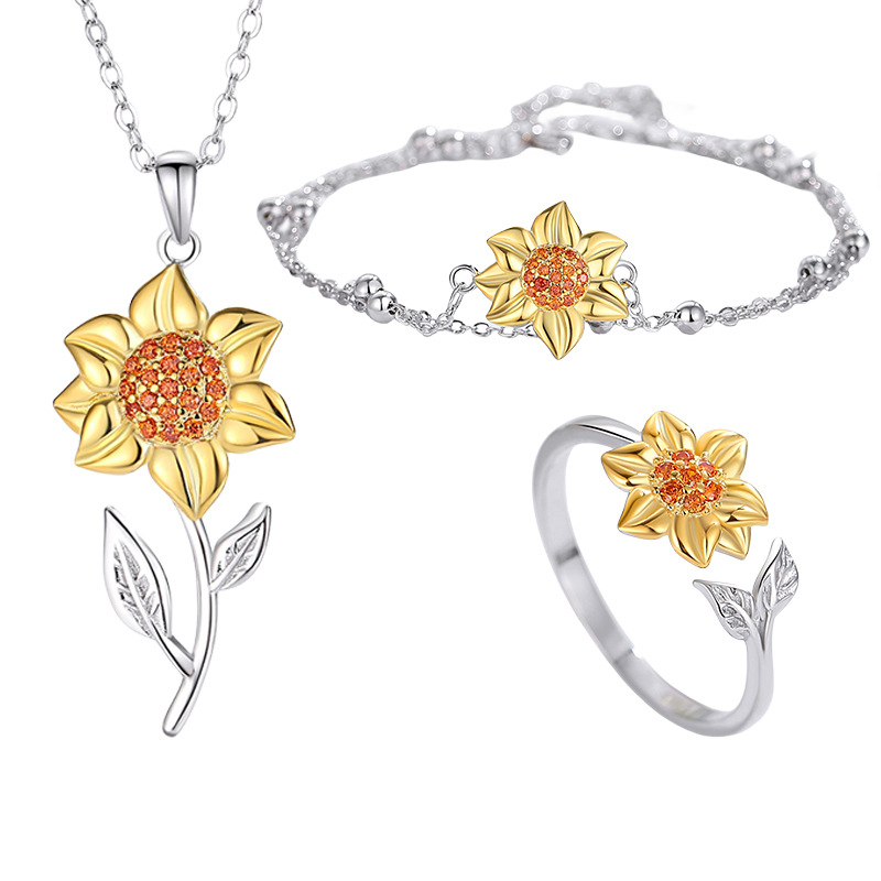 Sterling Silver Sunflower Jewelry Set: Twin Tone Necklace, Ring, Bracelet | Boho Minimalist Accessories for Women