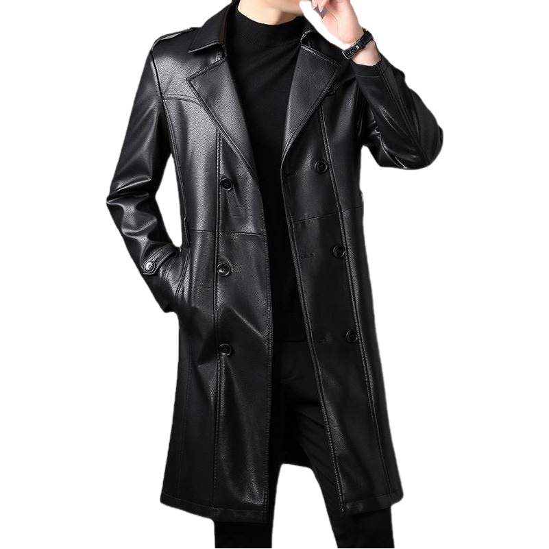 Men's Leather Jacket Trench Coat Autumn and Winter New Double-Breasted Fleece-Lined Pu Leather Coat Middle-Aged Extended Length Men's Leather Jacket