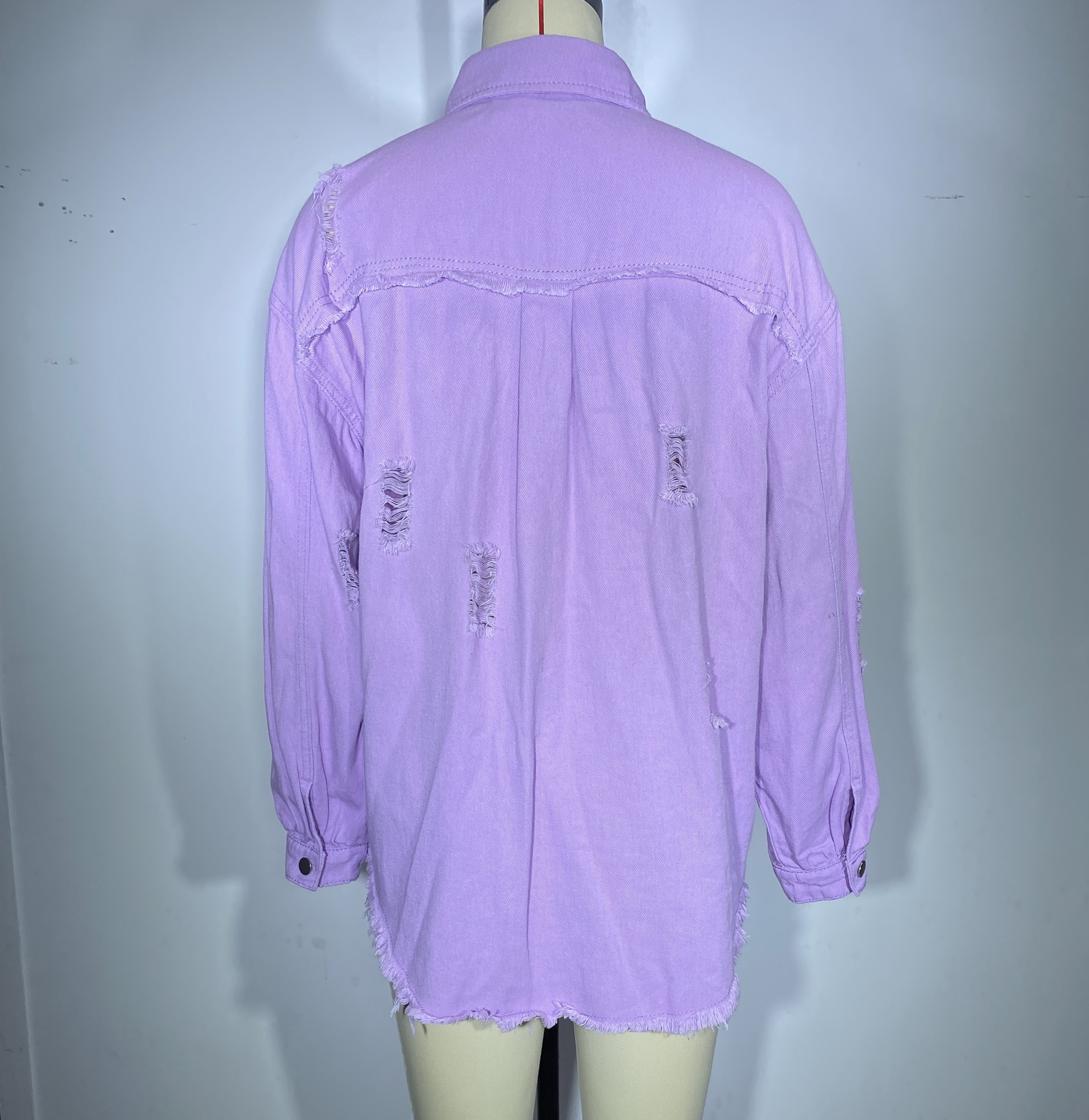 Giacca di jeans donna con volant strappata bavero manica lunga_voghion.com