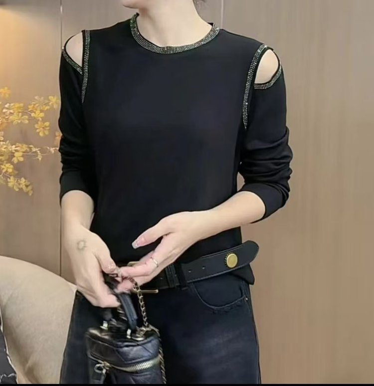 一件代发直播爆款2025秋季新款时尚洋气露肩设计圆领烫钻长袖T恤|undefined