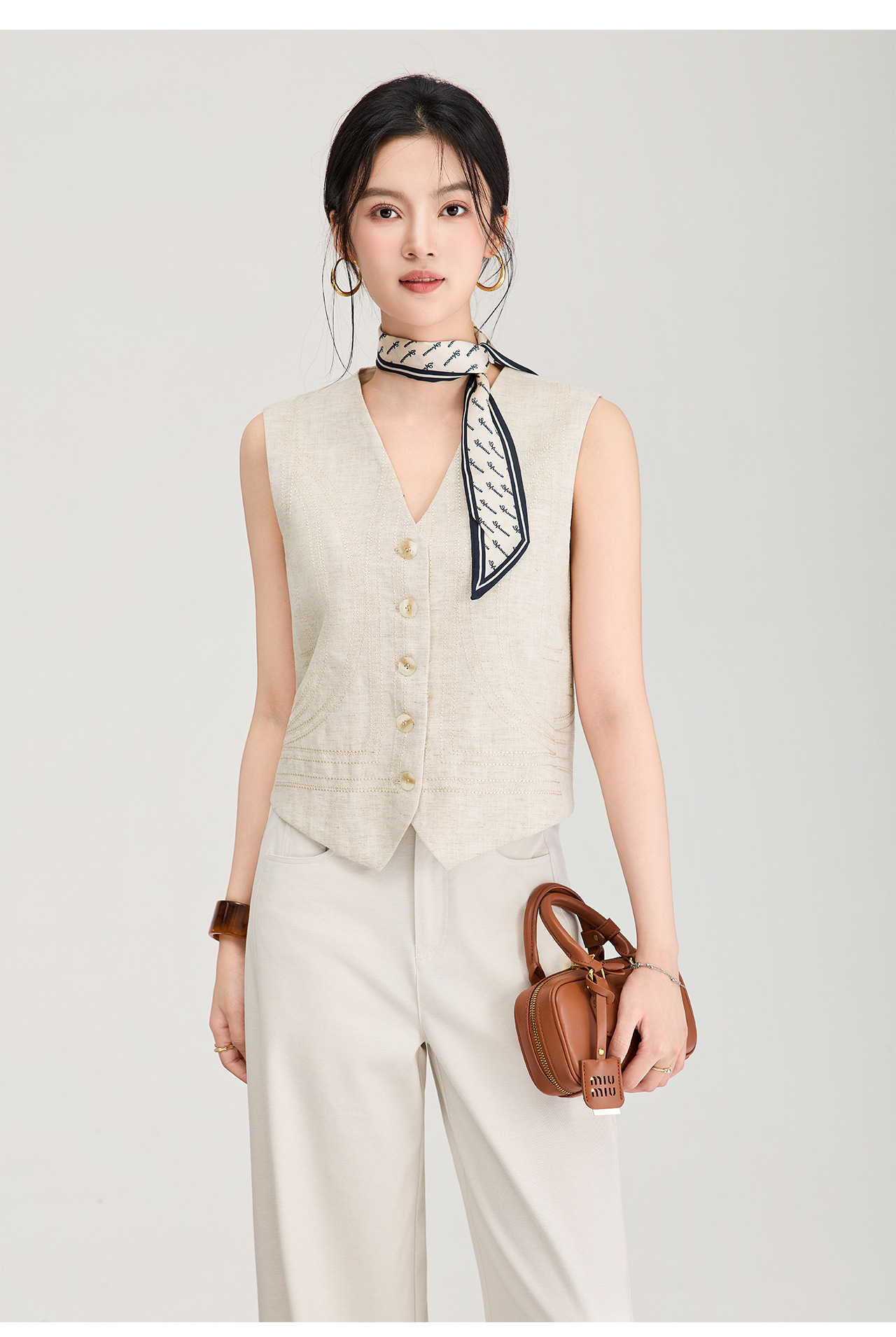 Áo khoác gile không tay cổ chữ V phối lớp phong cách cổ điển chất liệu vải lanh pha sợi Tencel — Màu cà phê chi tiết 13
