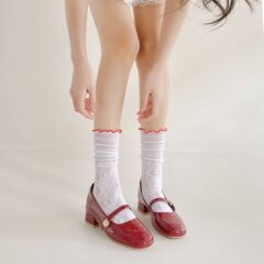 25 新しいバレエスタイルパイルソックス女性のための夏中空木耳ミッドチューブレース甘い jk ロリータレッドレース