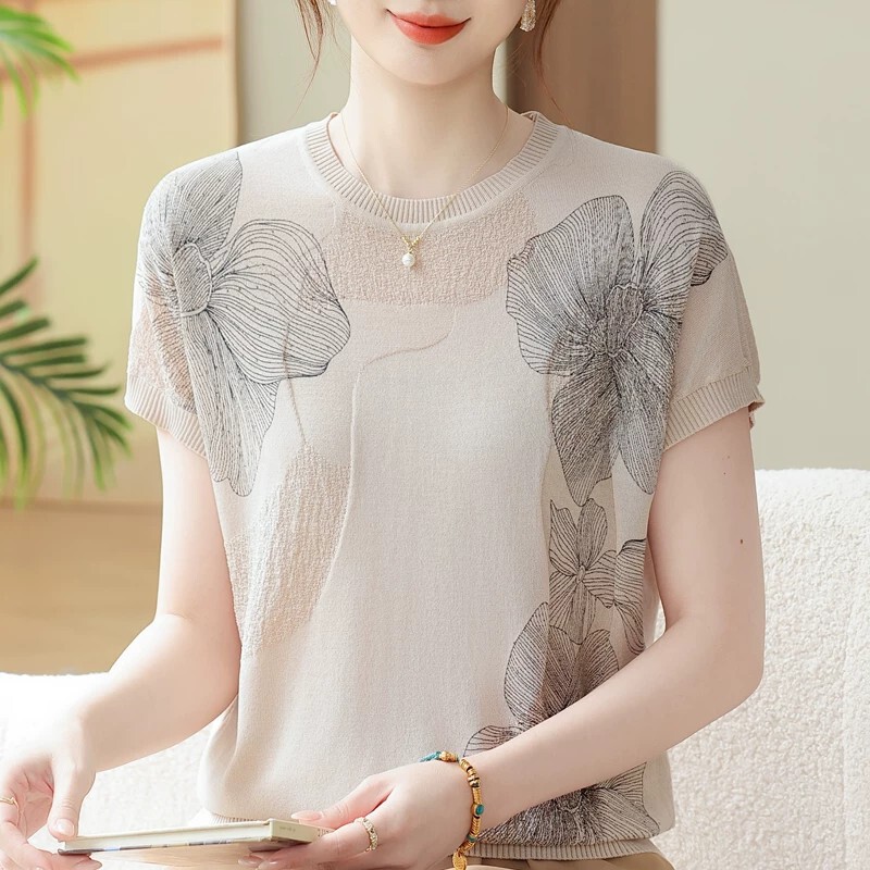 Mother's Day Summer Short-Sleeve Knit Top for Mom, Stylish Printed Blouse for Middle-Aged and Elderly Women, Ice Silk T-Shirt Set Mother's Day Summer Short-Sleeve Knit Top for Mom, Stylish Printed Blouse for Middle-Aged and Elderly Women, Ice Silk T-Shirt Set