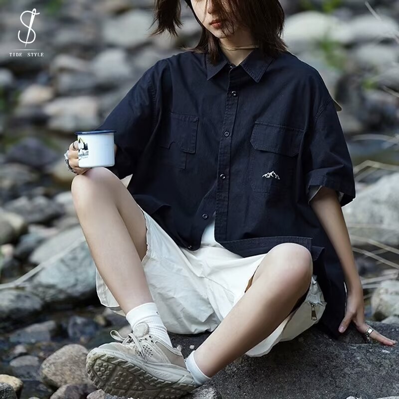 American Retro Texture Patch Pocket Embroider Workwear Men's 2024 Summer Loose Casual Short-Sleeved Shirt Shirt Jacket