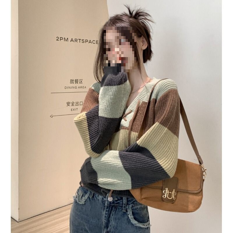 Spring and Autumn New Style Striped Contrast Color Collar Long Sleeve Sweater Feminine Loose Short Sweater