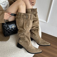 女性用膝丈ブーツ 2025 秋冬新作スエードポインテッドトゥナイトブーツ太いヒールスリムプリーツラージチューブパイルブーツ
