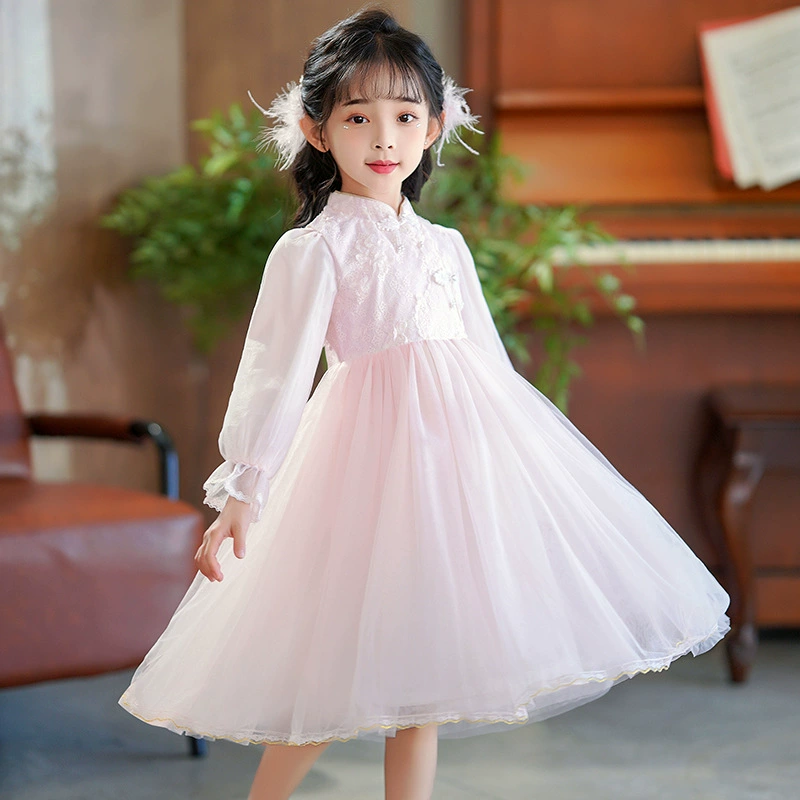 Детское платье-ципао в стиле принцессы, осенний наряд, новое китайское кружевное платье для девочек, весенне-осеннее платье с длинными рукавами для малышей на день рождения