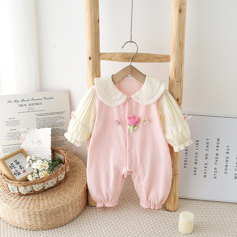 嬰兒衣服春裝嬰幼兒連體衣洋氣寶寶爬服公主百天外出服春秋季哈衣