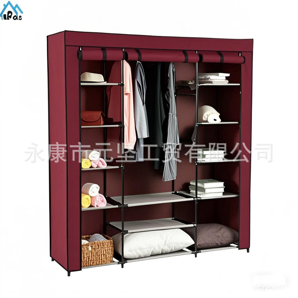 Armario de tela simple, armario de almacenamiento, armario a prueba de polvo, dormitorio, marco de acero, combinación de refuerzo, armario de estudiantes de alquiler al por mayor