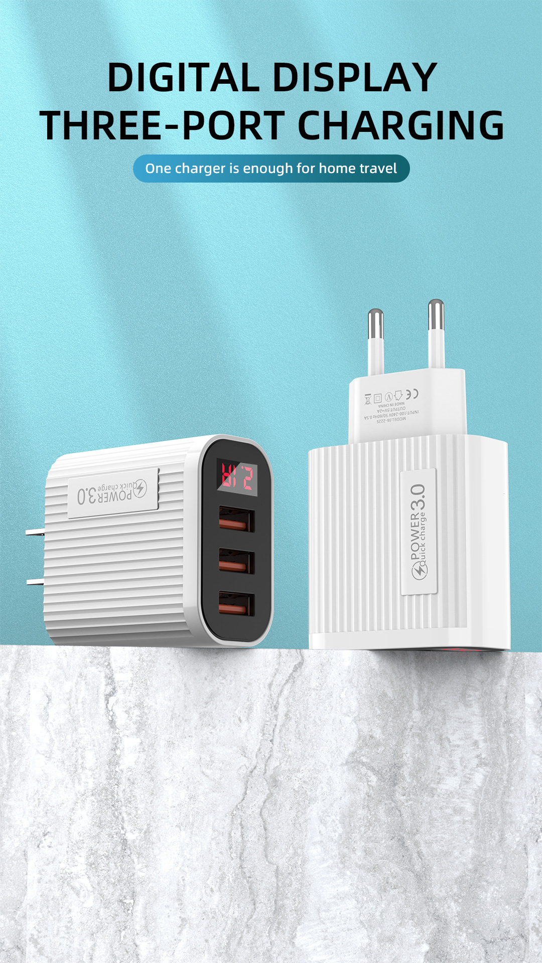 3USB Digital Phone Charger Multi port Display European American Standard Fast Charging Head Suitable for Apple and_voghion.com