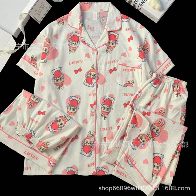 Hermosos pijamas de tela de rabu mujeres primavera y otoño verano nubes de algodón dulce mangas cortas pantalones cortos de tres piezas ropa para el hogar