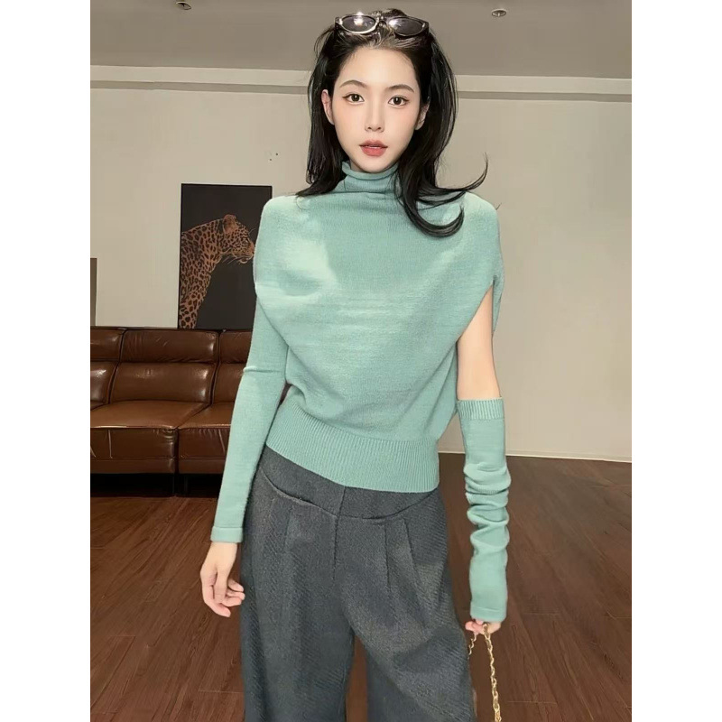 韩系时尚气质可拆袖套蝙蝠袖针织衫女秋冬巨好看高领显瘦打底上衣