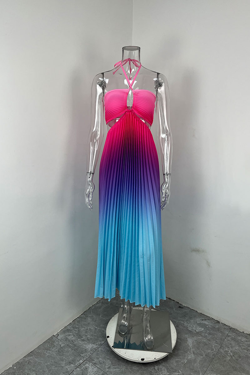 Women's Elegant Hollow Out Halter Neck Dress Spring 2026 Sexy Gradient Color Long Casual American Style Summer Clothing_ecoleips.com