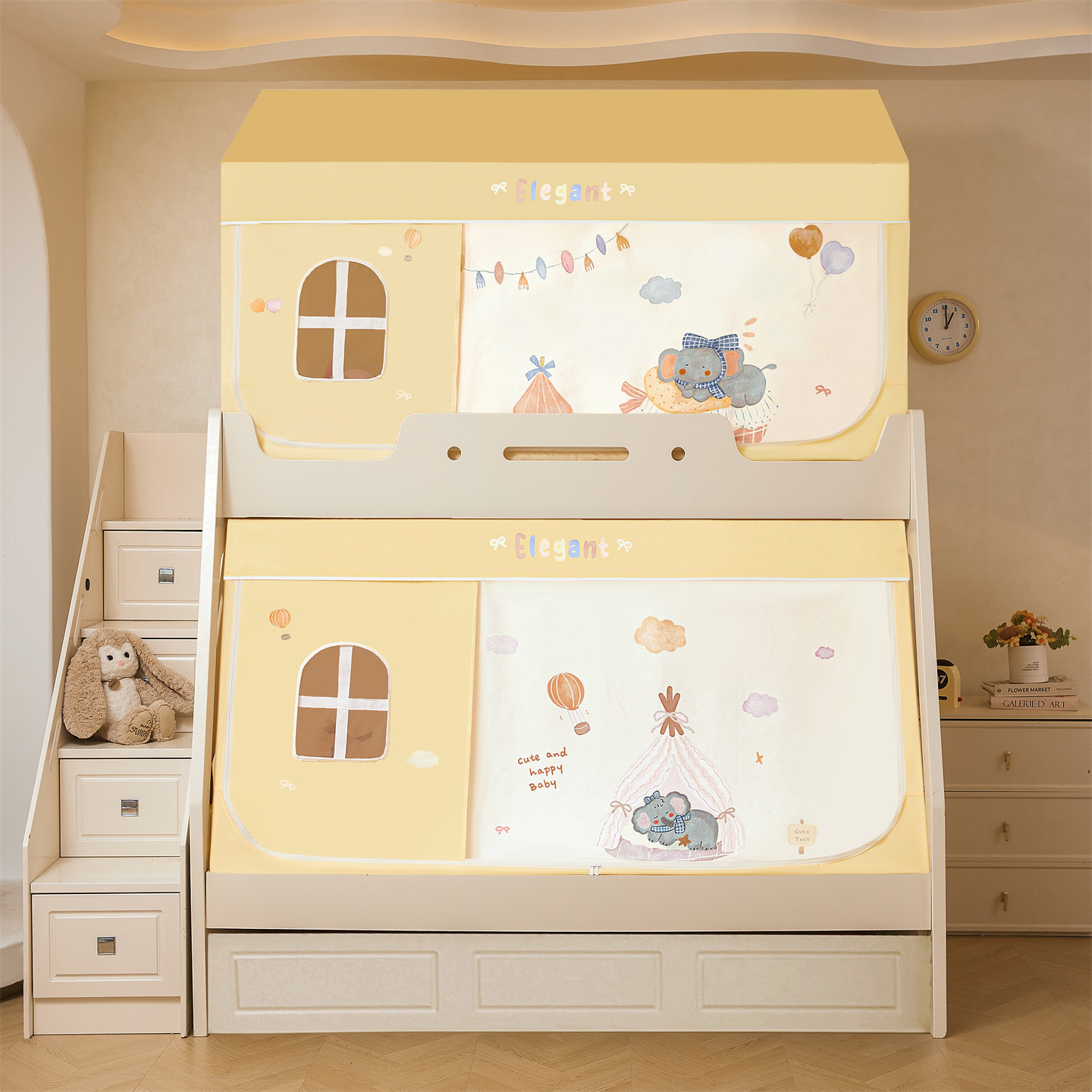 Cama de tipo A con ventanas de dibujos animados para niños y niñas, cama de mosquiteros reforzada para evitar la caída de la cama cortina de cama para niños y niñas