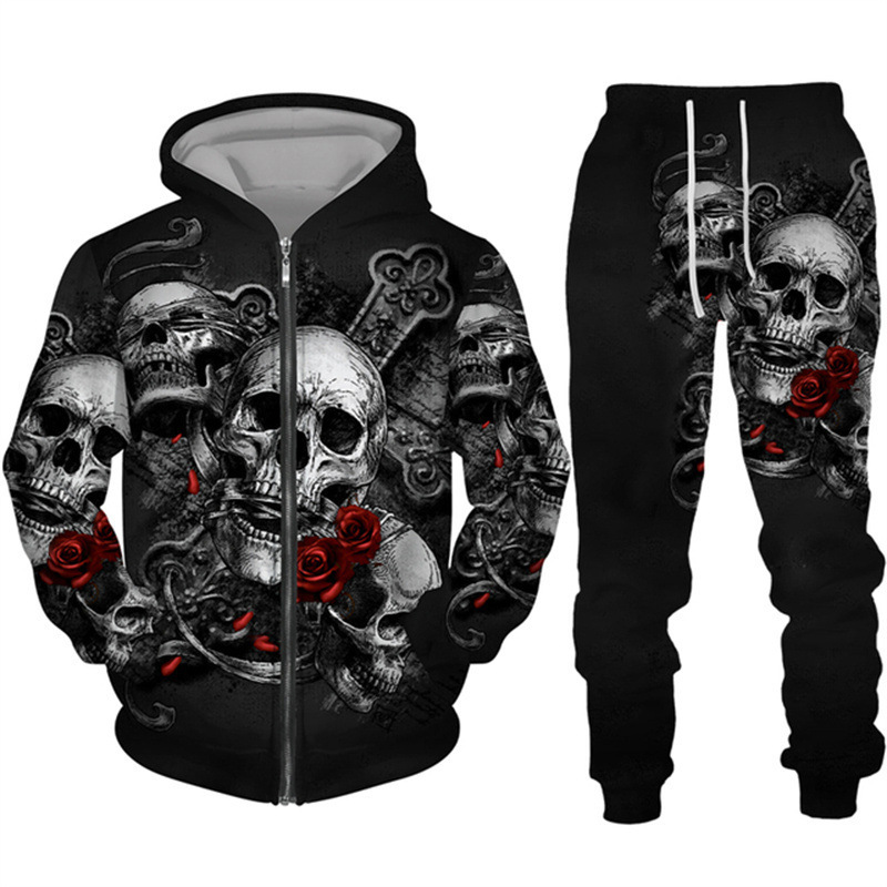 Comercio exterior transfronterizo impresión digital 3D chaqueta con capucha de calavera de terror de dos piezas para hombres europeos y americanos MF08-ML01