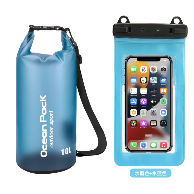 PVC防水桶+双挂钩磨砂半透PVC手机袋=水蓝色+水蓝色组合