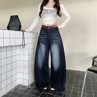 实拍美式复古压褶水洗阔腿牛仔裤女秋季新款高腰显瘦直筒百搭长裤