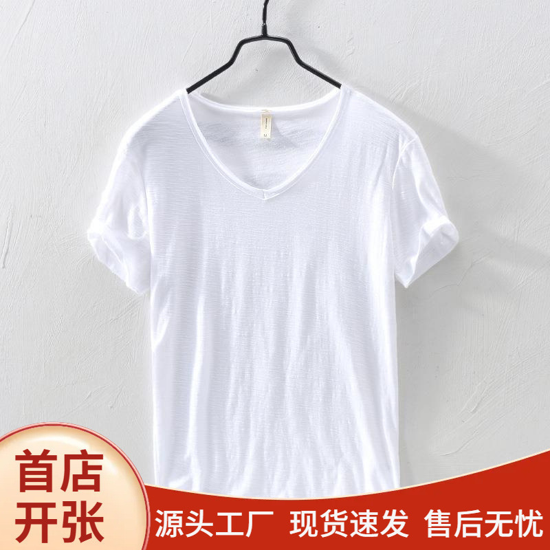 Summer Thin Bamboo Cotton Short-Sleeved T-Shirt Men's Loose Casual Pure Color V Neck Bottoming Shirt Pure Cotton T-Shirt Half-Sleeved Top