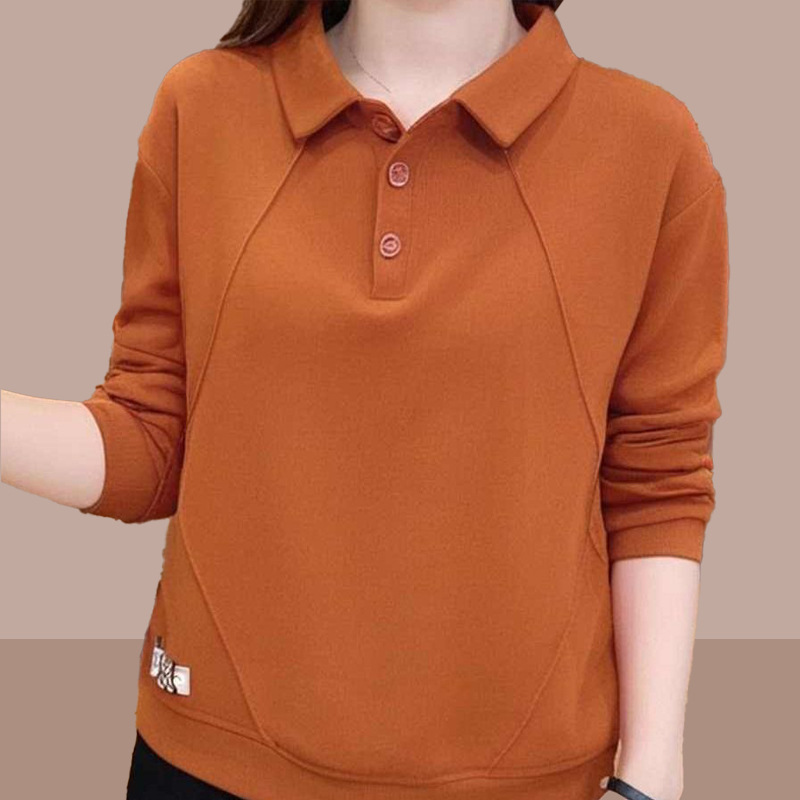 Spring and Autumn New Double-Sided Velvet Long-Sleeve Women's Solid Color Turn-Down Collar Loose Plus Size Slimming Top for Moms