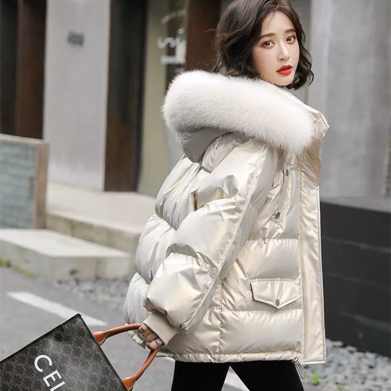 Зимний яркий новый 2023 короткий пуховик женский толстый свободный хлебный костюм большой шерстяной воротник