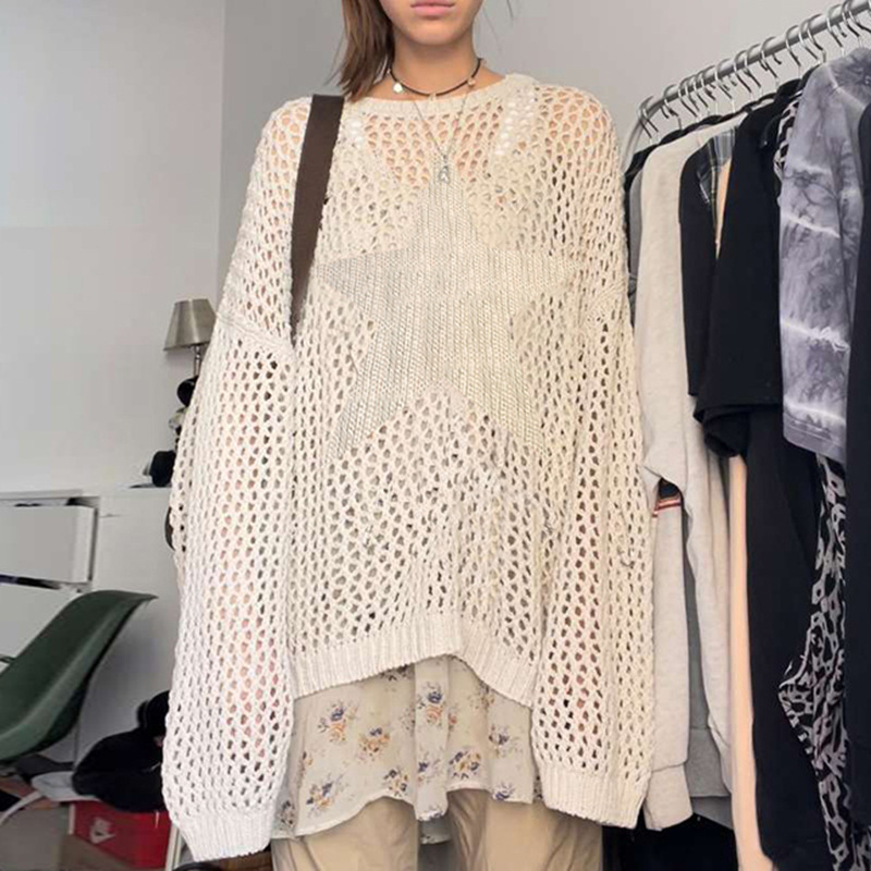 Lazy Style Star Loose Long-Sleeved Knitwear 2025 Women's Sexy Cut Out See-Through Pure Color Slimming Look Woolen Blouse