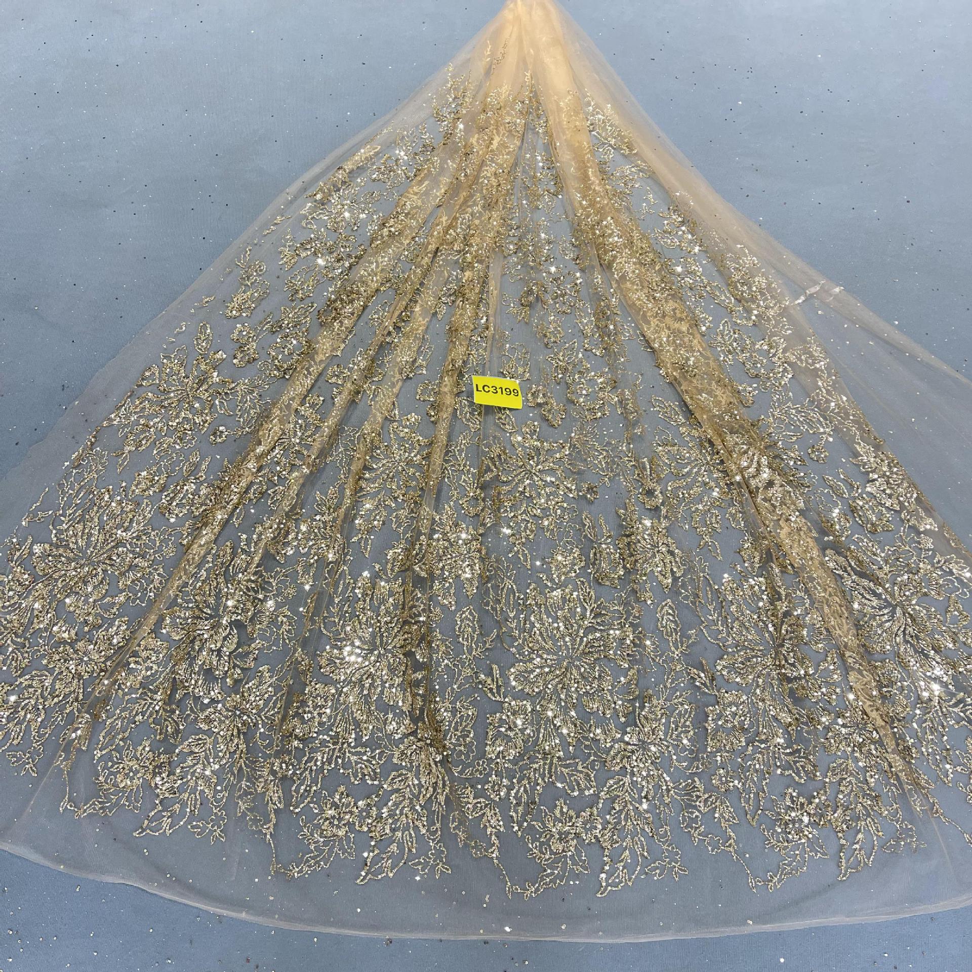 LC3199款花型10Y起订 婚纱礼服面料 网纱洒金片 喷金花型面料
