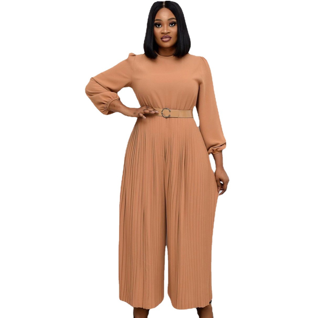 Women's Clothing summer new solid color long sleeve pleated large size women's loose slim African jumpsuit_voghion.com