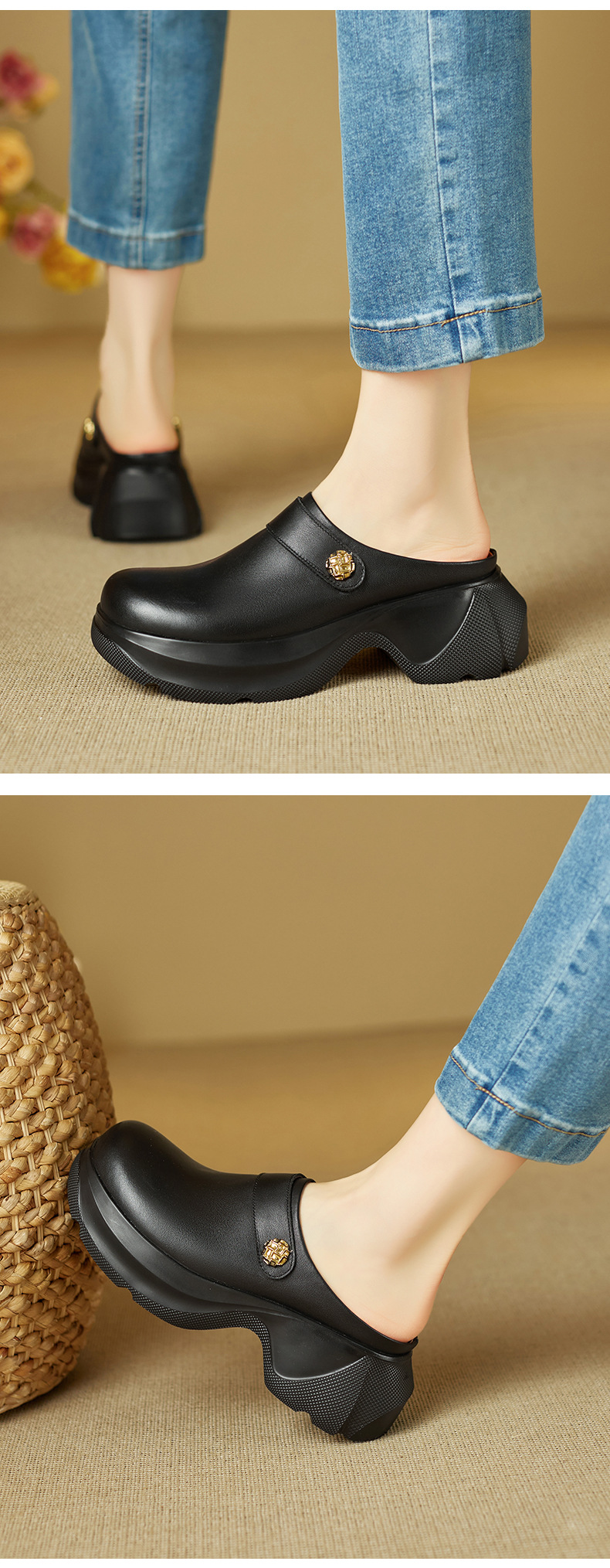 Dép sandal nữ đế bánh xốp cao, mũi kín, phong cách lười thời trang — đen chi tiết 4