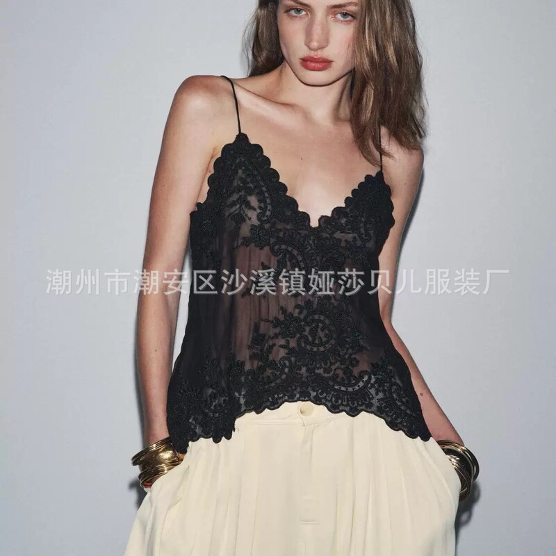 Popular Cross-Border Za Black Lace Camisole Top, Summer Chiffon, Sexy and Alluring Style, V-Neck, Slim Fit, Flattering Outfit
