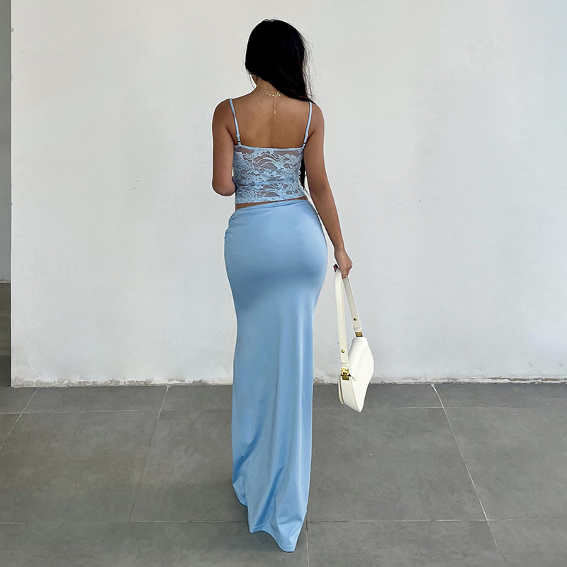 Women Clothing Lace Top with Narrow Straps Stitching Satin Fishtail Skirt Slim Waist Sheath Skirt Two Piece Sets
