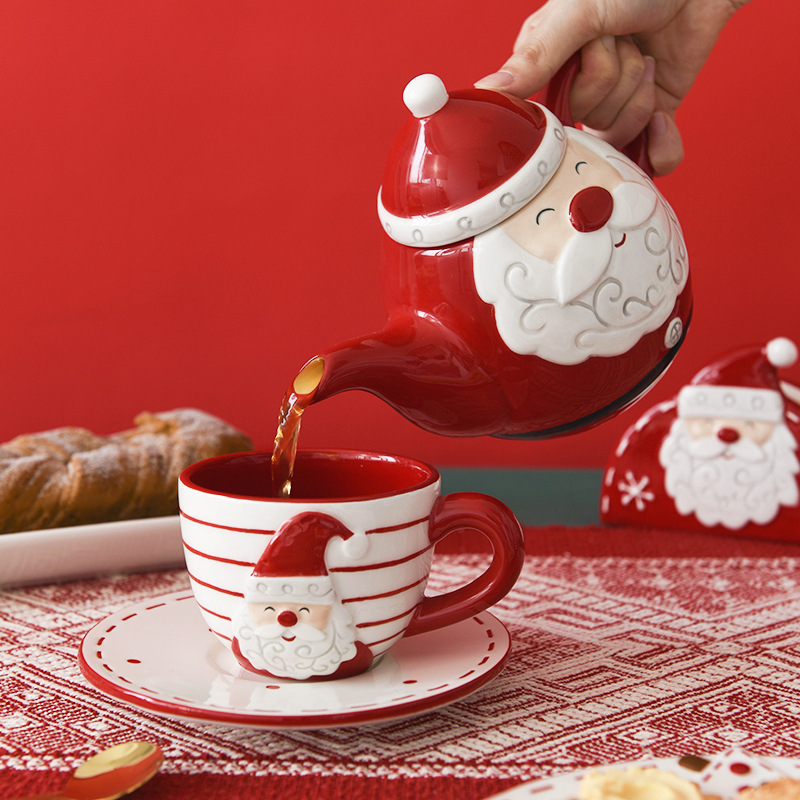 Papá Noel de cerámica taza de café plato conjunto de regalo creativo tetera en relieve de taza de té plato de té