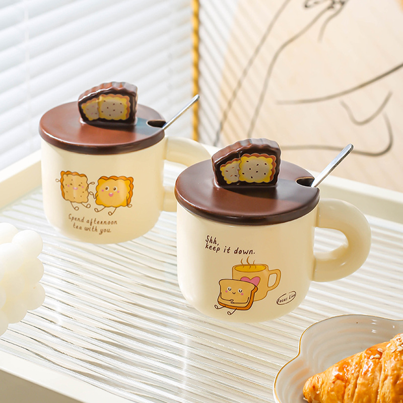 Pan creativo de cerámica hogar lindo taza de dibujos animados taza pareja taza de agua con tapa cuchara taza de café taza de desayuno