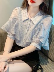 ファッション気質半袖シフォンシャツ女性夏服夏の新型デザイン感洋風シャツが痩せている上着