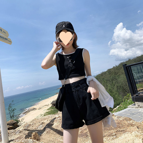 Women's High-Waist Slim-Fitting Wide-Leg Jeans Shorts with Double Button and Hemmed Edge, Summer Black Lettered Pants
