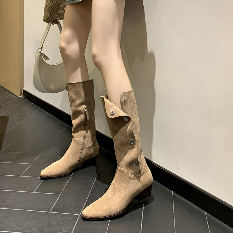 堆堆靴子女2025年新款粗跟高跟鞋中筒西部牛仔靴不过膝长筒骑士靴|undefined