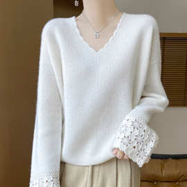 100全羊毛针织女2025秋冬内搭V领打底毛衣花边长袖宽松上衣山羊绒