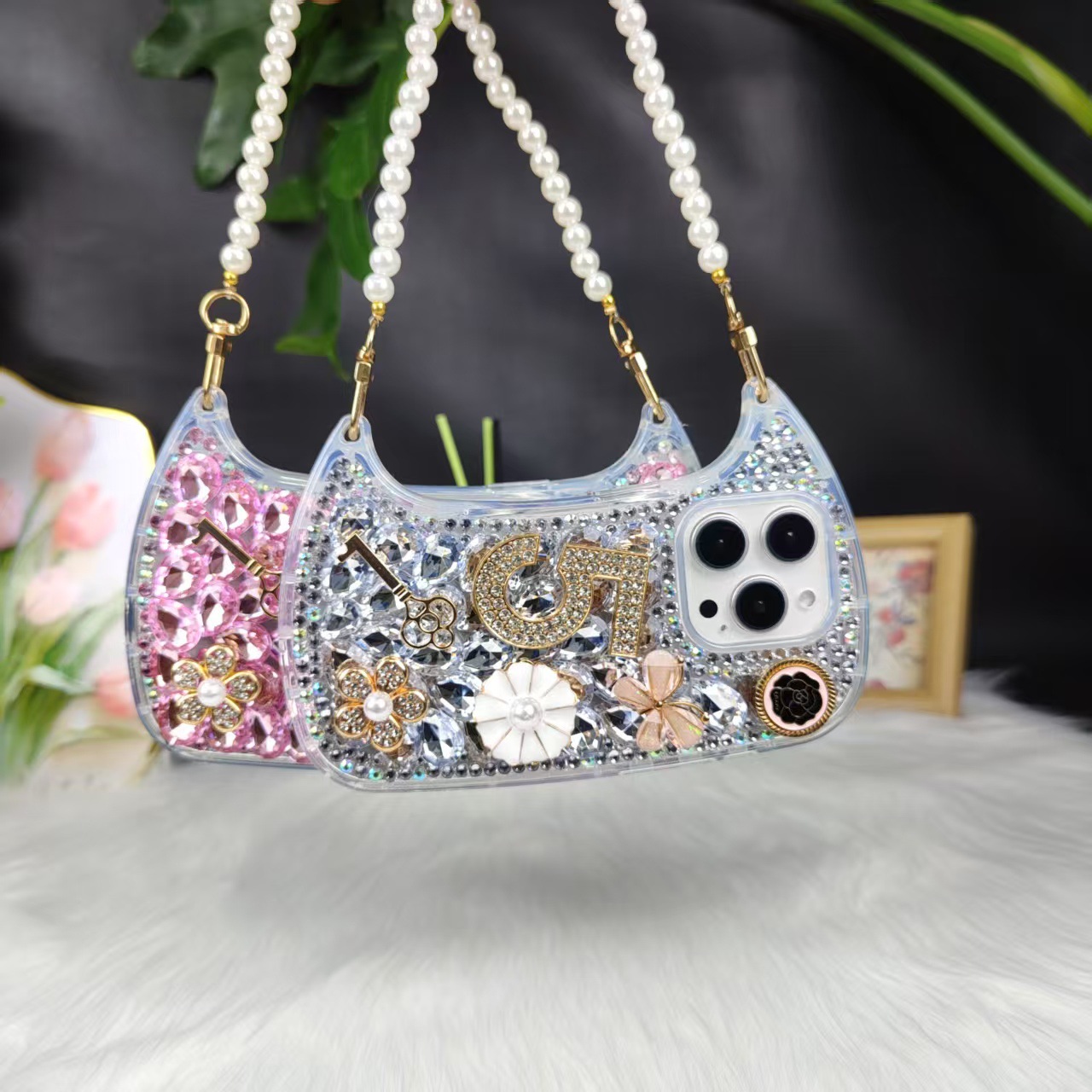 Butterfly rhinestone handbag for Apple 15ProMax phone case iphone14ProMax pearl phone case
