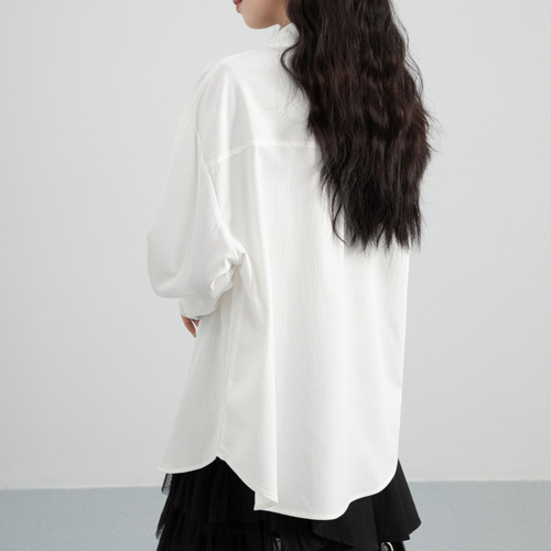 Blue Chiffon Shirt for Women - Spring and Autumn Season 2025 - Loose and Slimming Collar-Up Long-Sleeve Blouse