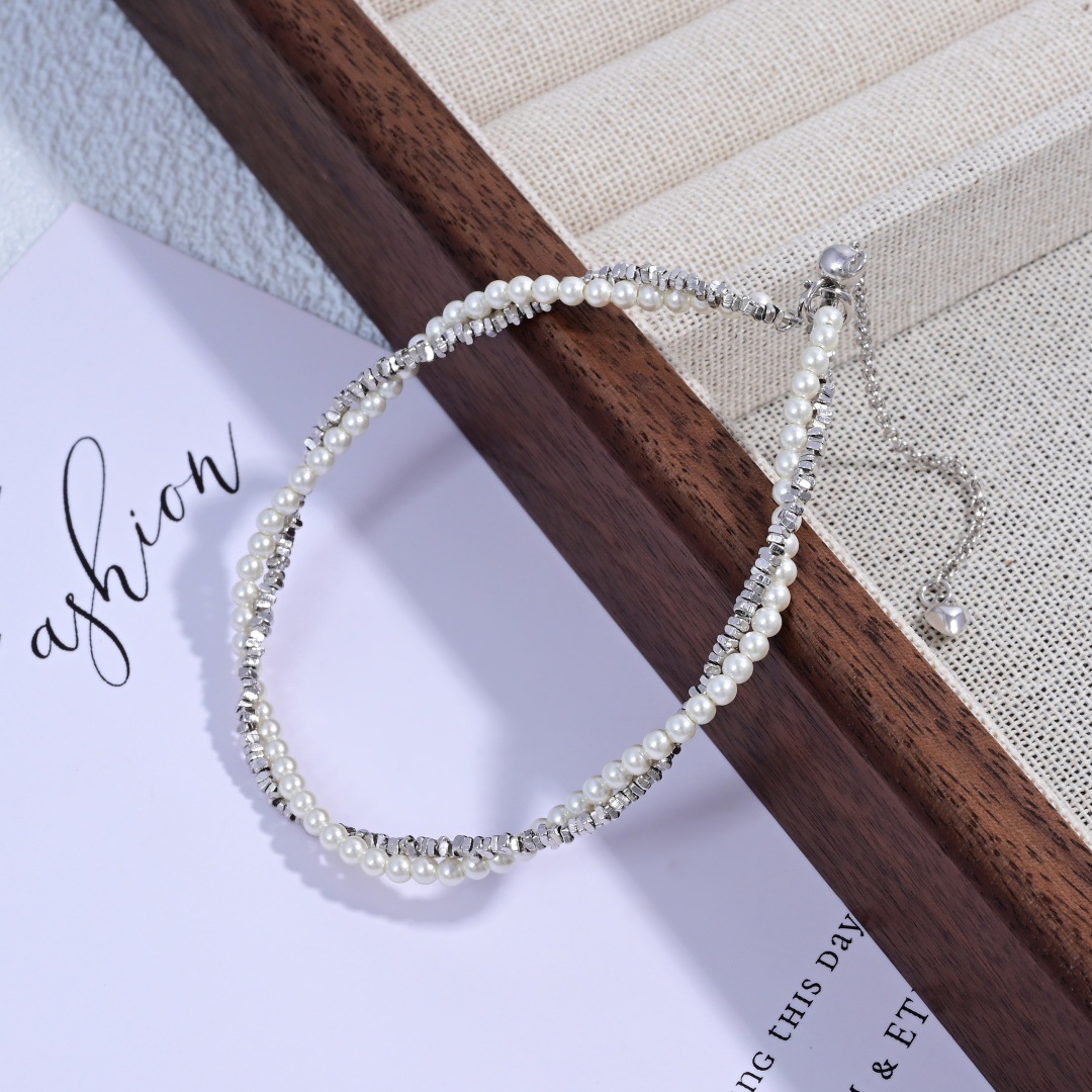 S925纯银碎银珍珠缠绕手链女法式双层叠戴手串新款轻奢高级感S006