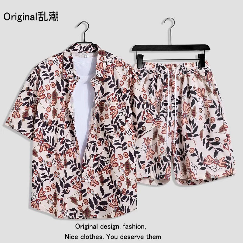 Verano playa floral camisa de manga corta traje de los hombres sueltos ins retro completo impreso pantalones cortos camisa de dos piezas