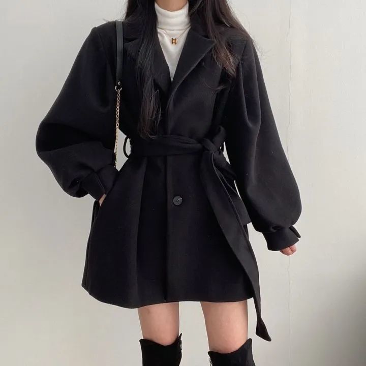 Black Waist-Cinching Woolen Outwear for Women Petite Short Style 2025 Spring & Fall High-End Korean Style Small Fragrant Woolen Outwear