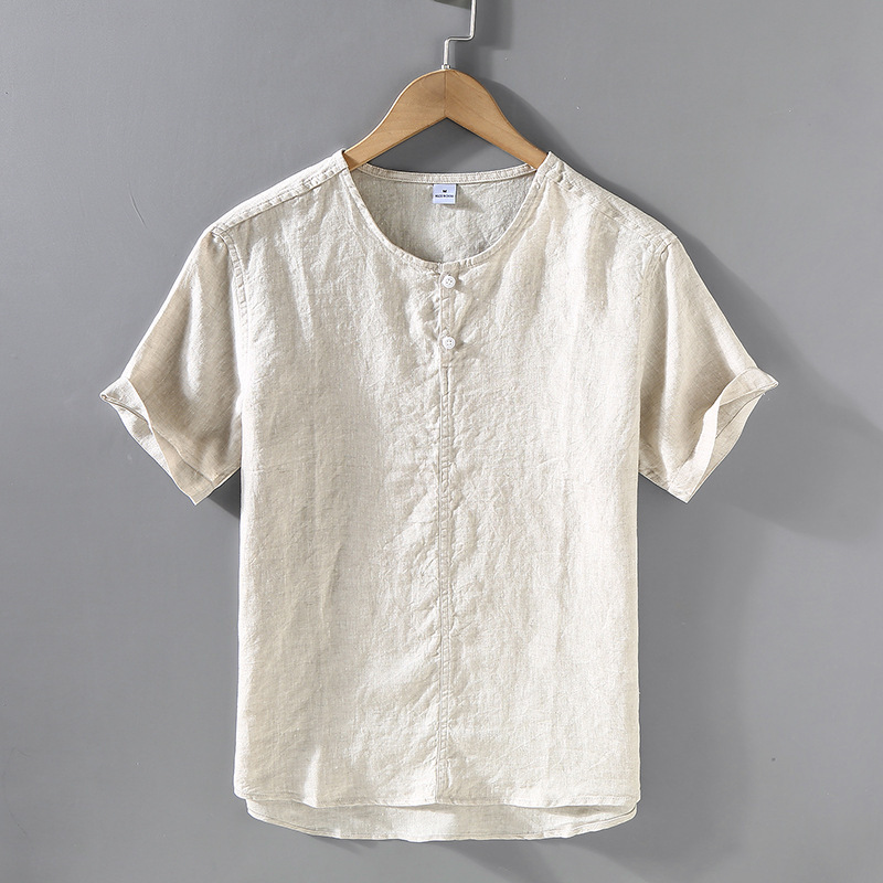 9015 Chinese Style Linen Shirt Men's Short-sleeved Cotton Linen Thin Collar Pullover Casual Summer Beach Short-sleeved Shirt