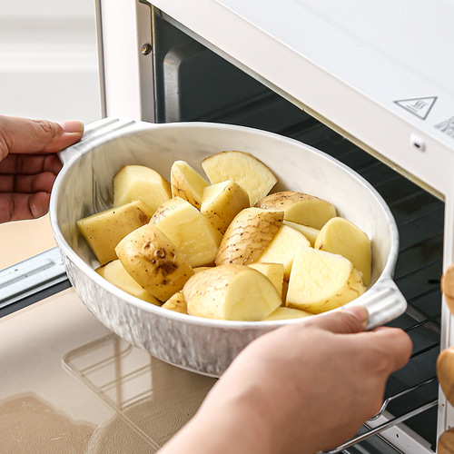 Nordic marble pattern double-handled ceramic baking pan oven dish large capacity microwave oven baking tool