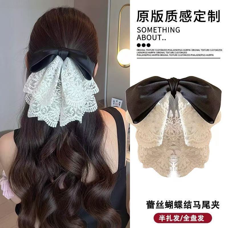 多层刺绣网纱蝴蝶结抓夹质感缎面织带甜美发夹轻奢显发量马尾夹女|undefined