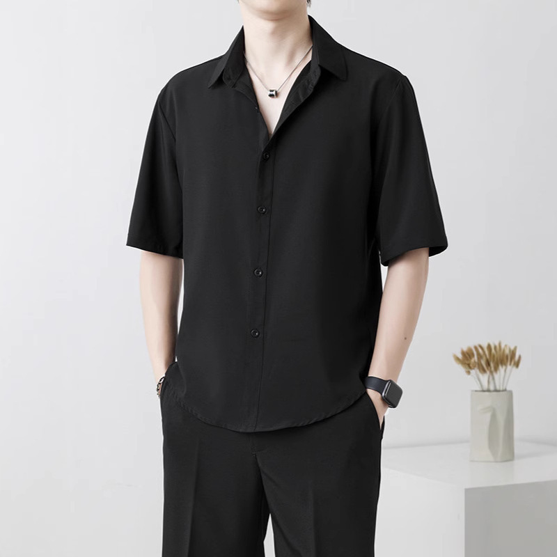 Summer Ice Silk Thin Short-sleeved Shirt Men's Hong Kong-style Trendy Business Casual Men's High-grade Black Half-sleeved Shirt