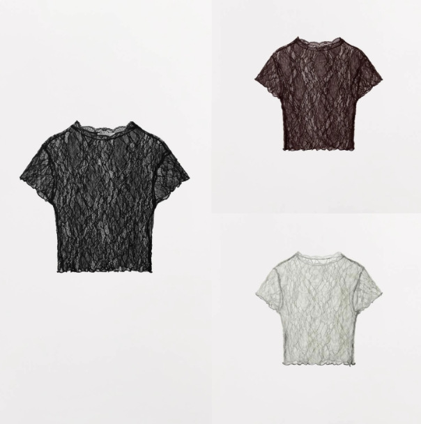 Pb&Za Wholesale New Summer Products Women's Short-Sleeved Round-Neck Lace Semi-Transparent Short Top 6050307