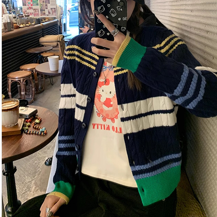 秋冬新款条纹撞色针织开衫设计感毛衣外套女式休息外套|undefined